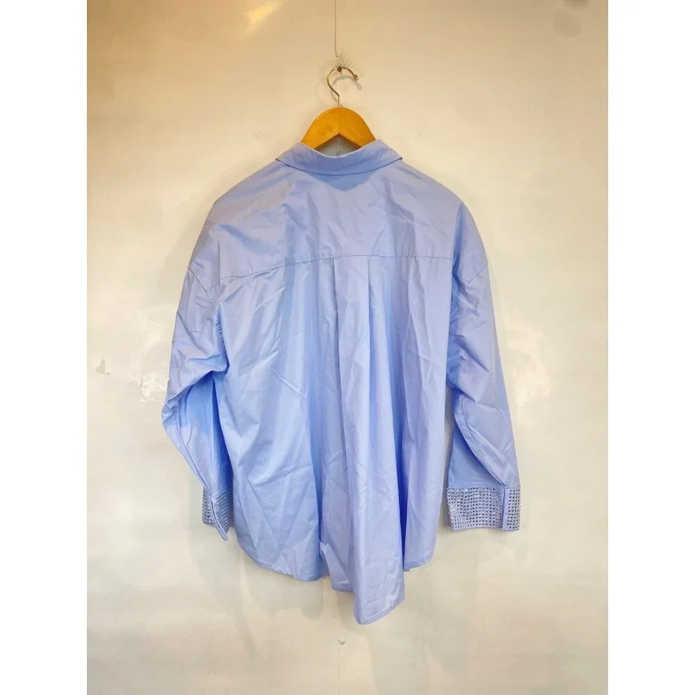 Carbon38 Women's Rhinestone Oversized Button Up Shirt Size Small Light Blue - Picture 4 of 9